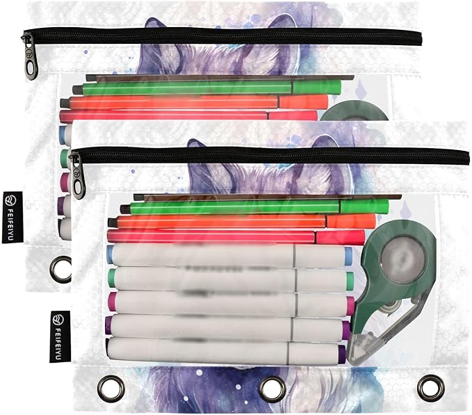 Wolf Watercolor Pencil Pouch for 3 Ring Binder, 2 Pack Waterproof Pencil Bags Clear Window Pencil Case Zipper School Office Supplies