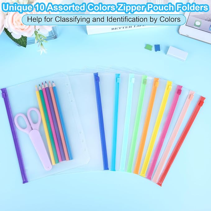 Antner 30PCS A5 Binder Pockets 6-Hole Cash Stuffing Envelopes for Money Saving, 10 Assorted Color Zipper Pouch Folders Budget Planner Inserts Loose Leaf Money Organizer Bags for A5 6-Ring Binder