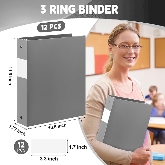 Henoyso 12 Pcs 1.5 Inch 3 Ring Binders, Letter Size,Gray | Binders Bulk, Holds 350 Sheets, Round Rings, Durable Flexible PP Plastic Covers, Pockets Labels, School Office Supplies
