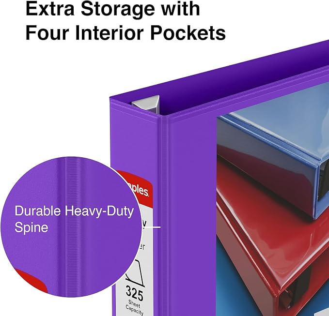 Staples Heavy-Duty 1.5-Inch D-Ring View Binder, Reinforced Spine, Holds Up to 350 Sheets, Purple, for Office & School