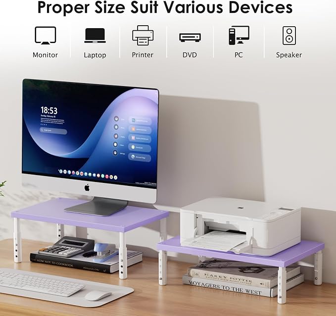 ECOLOVI Adjustable Wood Computer Monitor Stand Riser, Office Desk Organizer and Accessories for Monitor, Laptop, PC, Printer, Office Desk Accessories Workspace Organizer for Home Office Supplies, Purple