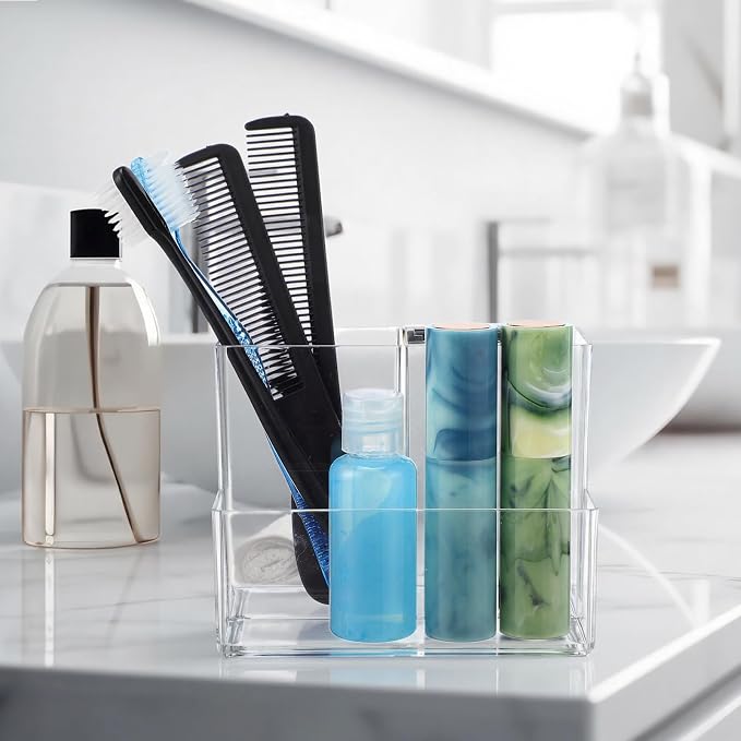12 Pcs Acrylic Pencil Holder with 3 Compartments, Clear Desktop Pen and Sticky Note Holder Makeup Brush Organizer Cup for Desk Home Vanity Office Classroom Stationery Supplies