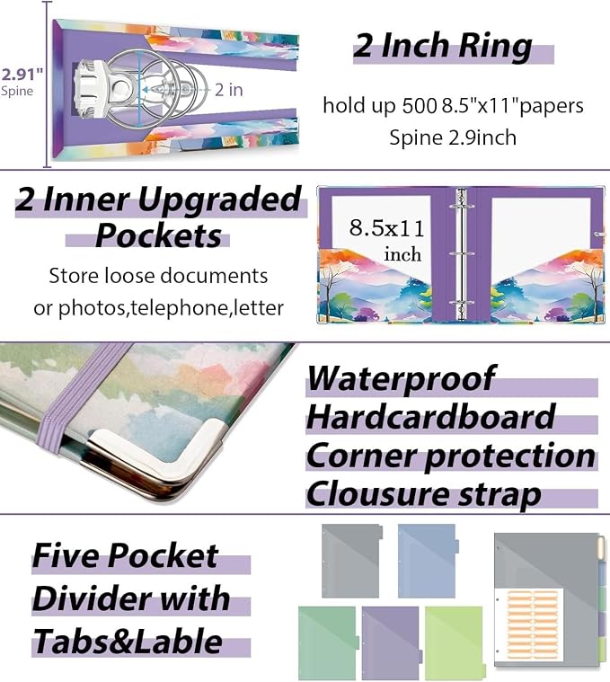 3 Ring Binder 2 Inch for 8.5"x11" Paper, Three Ring Binders with Clipboard, 5 Dividers with Tabs and Pockets, Decorative Binder with Pen Holder,Path