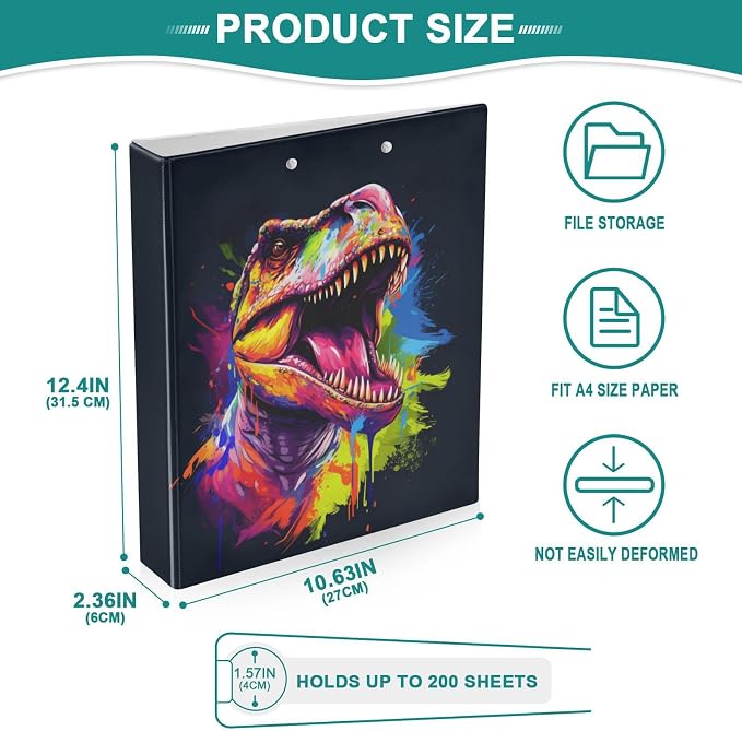 3 Ring Binder, Colorful Dinosaur File Folder Holds 200 Sheets File Storage for Women Men School Office Supplie