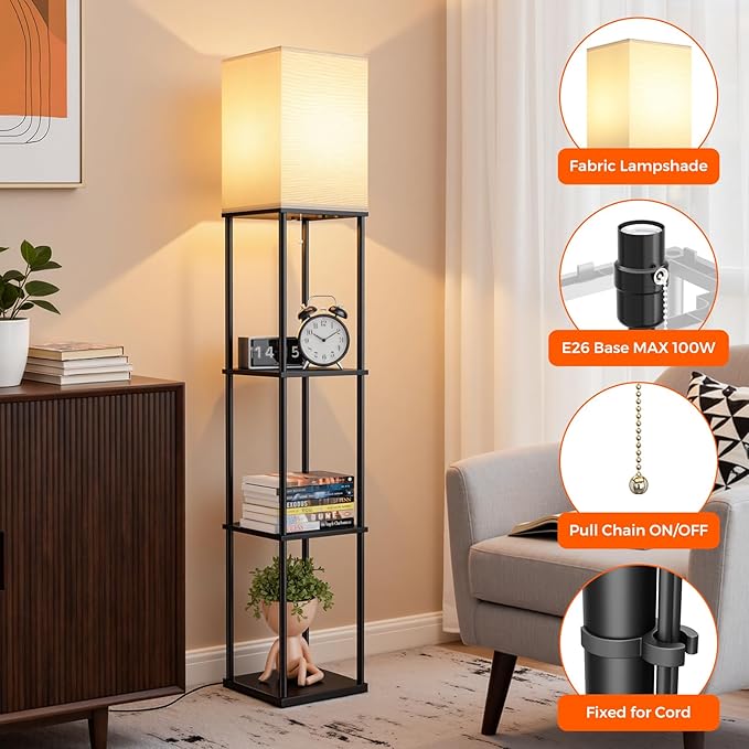 Floor Lamp with Shelves, 3-Tier Modern Square Bookshelf Standing Lamp Black | 3 Color Temperature Bulb Included, Pull Chain Tall Lamp for Living Room Bedroom Corner Office Apartment Decor