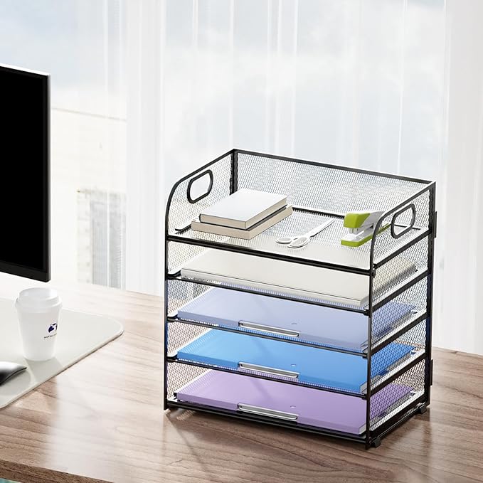 Marbrasse 5 Tier Paper Organizer Letter Tray, Mesh Desk File Organizer with Handle, Paper Sorter Desk Organizer for Home Office Supplies(Black)