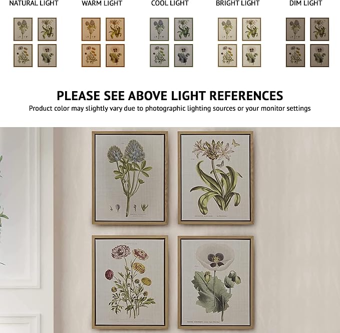 Madison Park Botanical Wall Art Living Room Decor - Vintage Floral Linen Canvas Framed Wall Art Farmhouse Lifestyle Home Office Wall Decor, Ready to Hang Painting for Bedroom, Herbal, Green 4 Piece