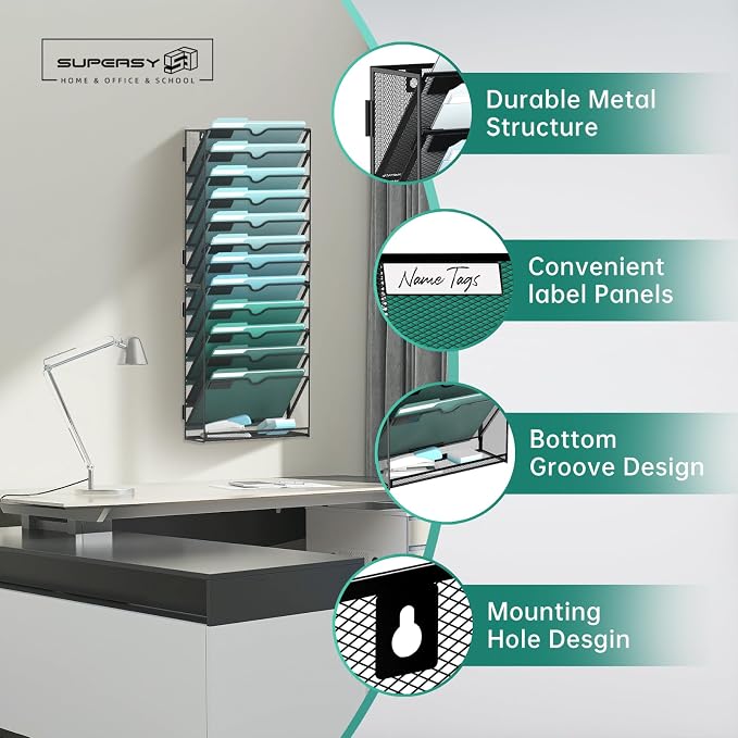13-Tier Wall File Organizer, Hanging File Holder, Wall Mounted Mail Sorter | Metal Mesh Hanging File Organizer with Open Compartments and Label Panels for Papers and Folders at Home, Office or School