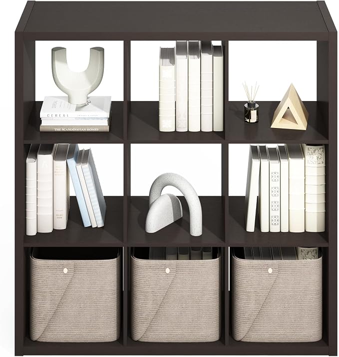 Furinno Simple 9-Cube Storage Organizer, Extra Thick Frame, Black Oak | Open Back, Display Shelf, Shelving Unit, Storage Shelves, for Organization, Living Room, Home Office
