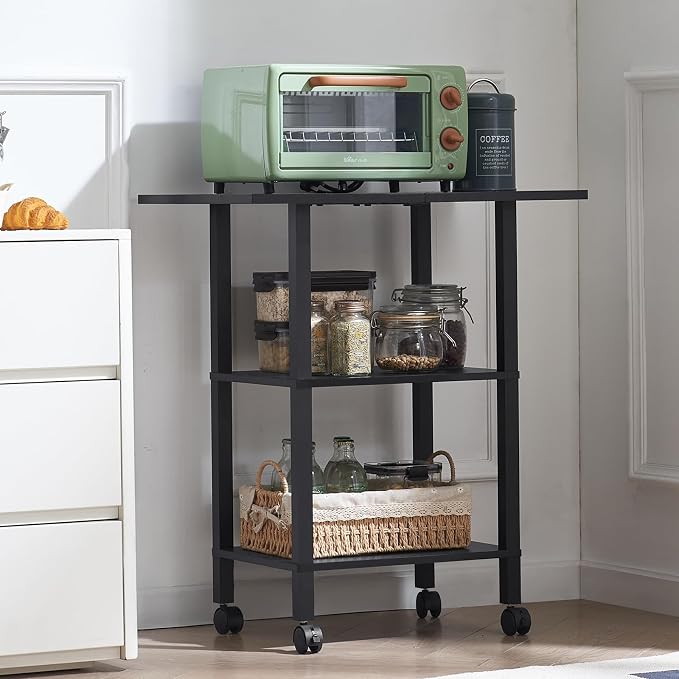 YUFAM 3 Tier Home Printer Stand with Storage, Black | Wooden Mobile Printer Table Shelf, Rolling Printer Cart Shelf with Lockable Wheels fit Fax Machine, Scanner