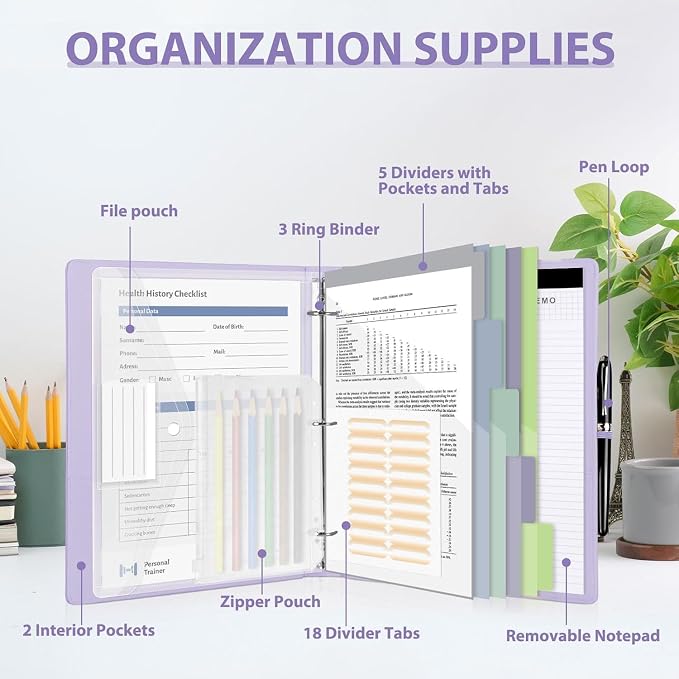 3 Ring Binder with Clipboard,1 Inch Binders with Notepad&5 Dividers with Pockets, Labels,PU Clipboards for School Office(Purple,Letter Size)