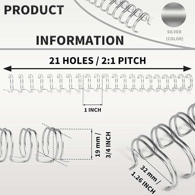 RAYSON 2:1 Wire Binding Spines, 21 Loop, 3/4", Silver, 185 Sheet, 50 Pack | 2:1 Pitch Binding Wire | Double Loop Wire | 185 Sheet Binding | Letter Size | Silver 50 Pack