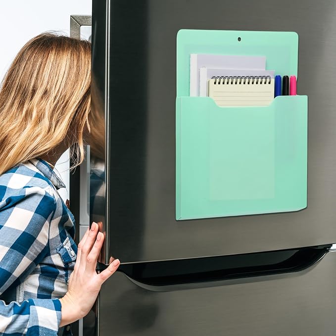Feifeiya 2 Pcs Magnetic File Folder Wall Hanging Holder Large Pocket Paper Magazine Mail Organizer for Refrigerator Classroom Locker Whiteboard(Vertical,Mint Green,12.2 x 9.4 Inches)