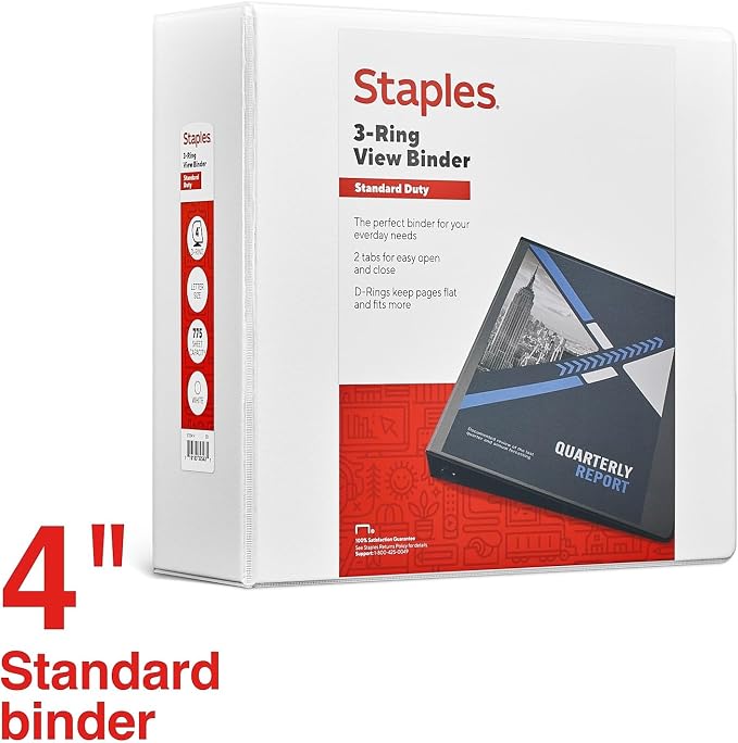 Staples Standard 4-Inch D-Ring View Binder, White, 775 Sheets | Large-capacity binder for office and school document storage.