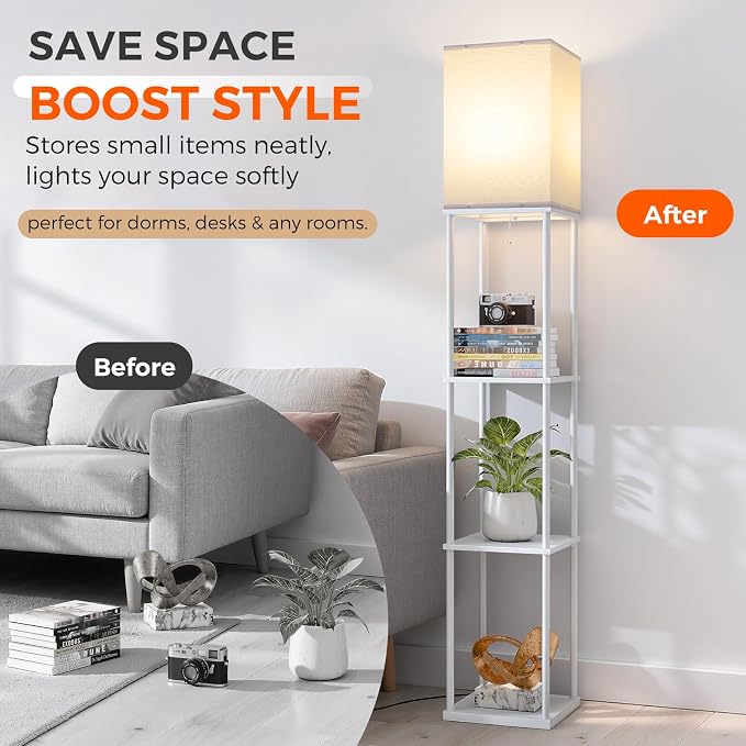 Floor Lamp with Shelves, 3-Tier Modern Square Bookshelf Standing Lamp White | 3 Color Temperature Bulb Included, Pull Chain Tall Lamp for Living Room Bedroom Corner Office Apartment Decor