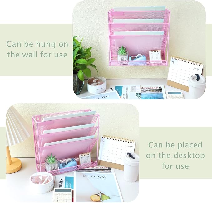 3 Pockets Mesh Wall File Holder Organizer with Bottom Flat Tray, Office Hanging File Folder Magazine Rack, Nametag Label Hooks Set Included, Pink