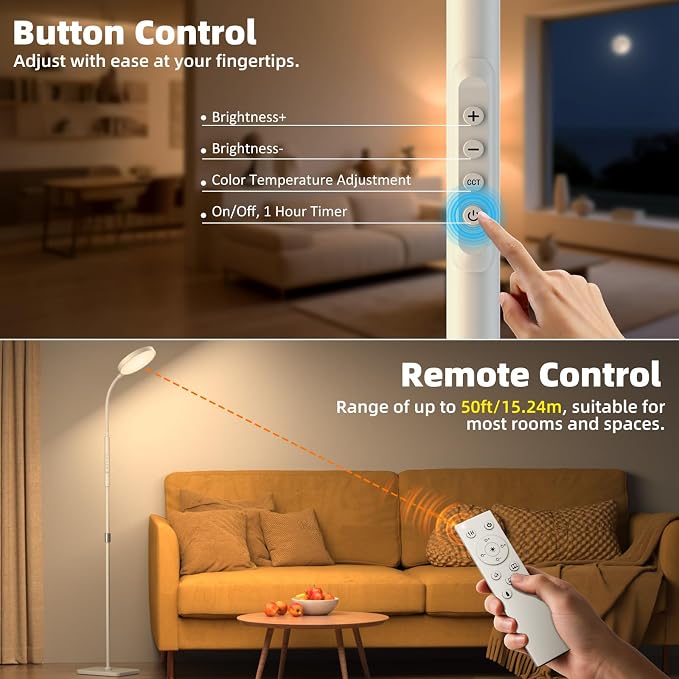 PACOVY Floor Lamp, Adjustable Height Floor Lamps for Living Room Bedroom, 252 LED Super Bright Standing Lamp Remote Control, Dimmable Gooseneck Tall Stand Reading Lamp Light for Office Craft, White