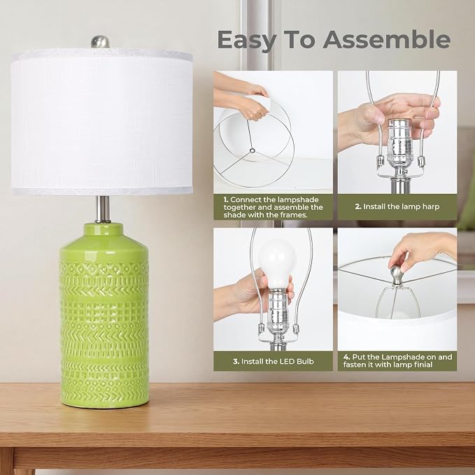 JUNNAI Light Green Ceramic Table Lamp 25 inch 3-Way Dimmable Nightstand Lamp with White Linen Shade Bedside Lamp for Living Room Bedroom Office Reading (Bulb Included)