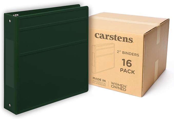 Carstens 2-Inch Heavy Duty 3-Ring Binder - Side Opening, Forest Green, Durable Plastic, No-Gap Rings, Waterproof Covers, No Pockets, Holds 300 Letter Sheets, BPA-Free, Made in USA (5820-3R) Case of 16