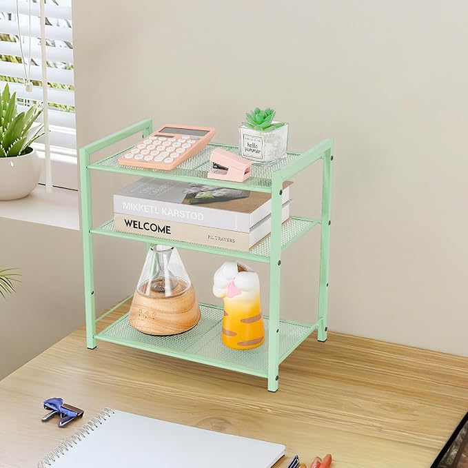 Desktop Shelf Organizer, 3-Tier Desk Organizer, Adjustable Metal Bookshelf for Top of Desk, Office Storage Rack for Office, Home, Dorm and Small Spaces (Mint Green)