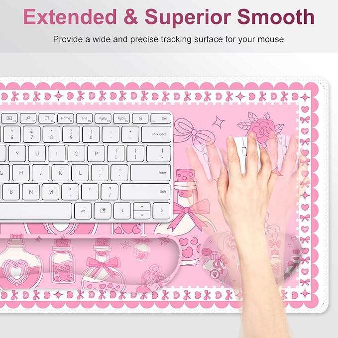 Desk Mat Pad, Gaming Mouse Pad Wrist Support Set, 4 in1 Non-Slip XXL Large Mousepad + Ergonomic Keyboard Wrist Rest+Mouse Wrist Rest+Coaster for Home Office Computer I Pink Kawaii Bow Bottle