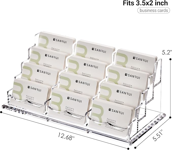 YUXUN Business Card Holder Display for Desk-12 Slots 4 Tier | Clear Multiple Acrylic Cards Stand for Women and Men, Business Card Holder Case for Office Supplies Home School