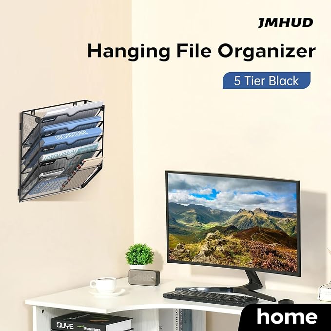 5-Tier Wall File Organizer and Hanging File Organizer, Black | Wall Organizer and Wall Mounted File Holder with 5 Pockets and Label Panels for Files, Mail, Folders, Magazines and Paper