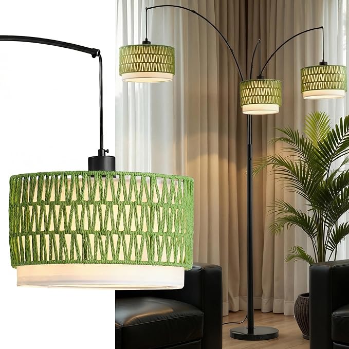 80'' Rattan Arc Floor Lamp for Living Room, 3-Light Boho Tree Tall Lamp | Heavy Natural Marble Base, 1/2/3-Light Rotary Switch,Double-layer Green Wicker/Fabric Shades for Coastal style,8 ft+ Ceilings