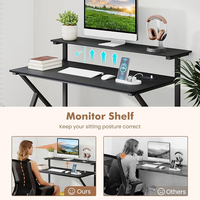 Giantex Rolling Computer Desk with Charging Station, Mobile Portable Laptop Desk with Monitor Stand & Storage Shelf, Small Desk with Lockable Wheels for Small Spaces, Home Office (Black)