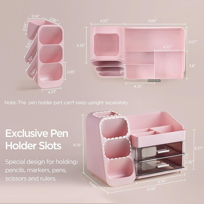 HBlife Desk Organizer with Pen Pencil Holder for Desk, Pen Organizer with 2 Drawers, Desk Organizers and Accessories with 4 Compartments, Desktop Storage for Office Home School Art Supplies, Pink