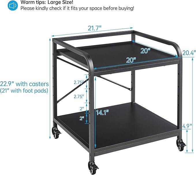 Fannova 2 Tier Under Desk Printer Stand with Storage, 20 Inches Deep Large Printer Table with Height Adjustable Shelf, Rolling Printer Cart with Wheels for Home Office - Black | Large Table Top 20"x20" for 3D/Laser Printer, Heavy Duty Industrial Wheels...