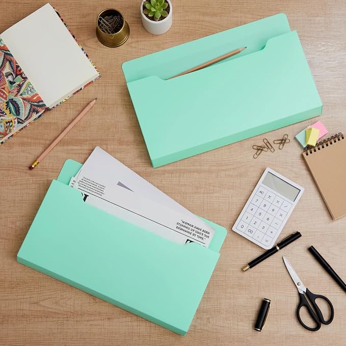 Feifeiya 2 Pcs Magnetic File Folder Wall Hanging Holder Large Pocket Paper Magazine Mail Organizer for Refrigerator Classroom Locker Whiteboard(Horizontal,Mint Green,13.8 x 8.3 Inches)