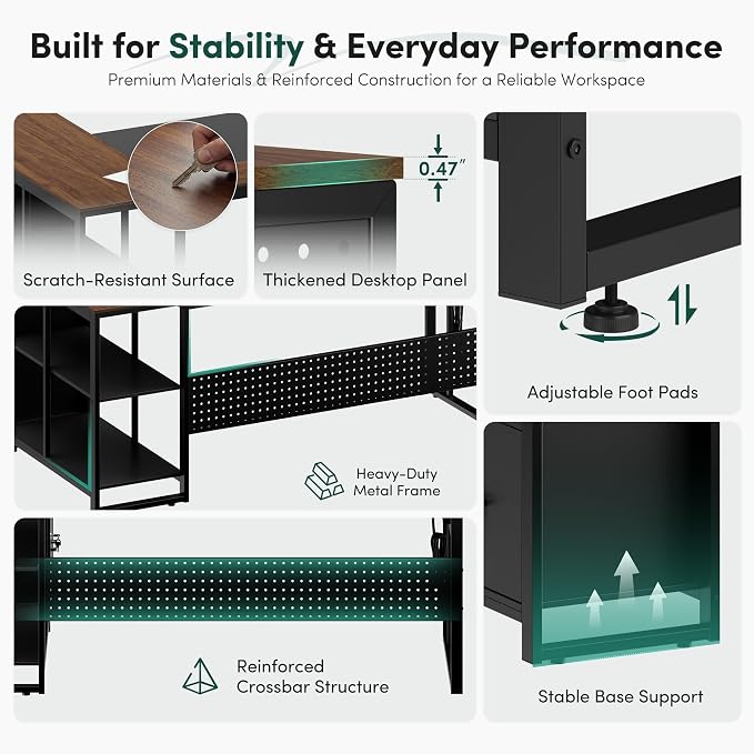 MALOL 70.3" Reversible L-Shaped Office Desk with Power Outlet Computer Desk | Large Executive Desk with Locked File Drawers & Storage Shelves, Pegboard, Mobile CPU Stand, Modern Corner Desk, Walnut