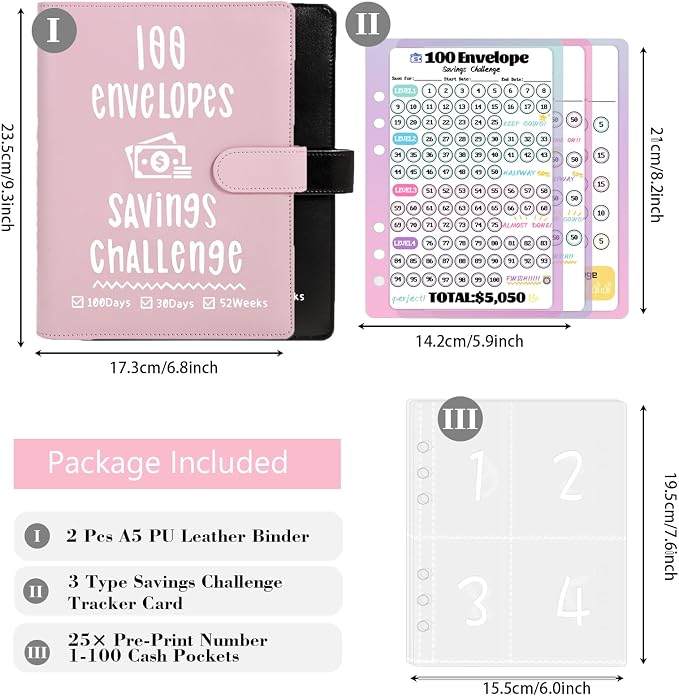 2 Pack 100 Envelopes Money Saving Challenge, Cash Budget Planner A5 Binder | Savings Challenges Book Organizer Folder with 3 Tracker to Save $5,050 $2,600 $300, 100 Pre-numbered Pockets, Pink & Black