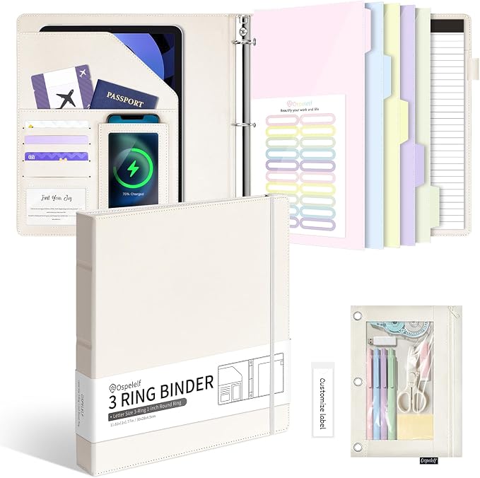 Ospelelf Leather 3 Ring Binder for Letter Size Documents with Pocketed Dividers, 1 Inch Round Rings, Holds 175 Sheets, Binders with Storage Bag & Notepad, for Office School Home Organization, White