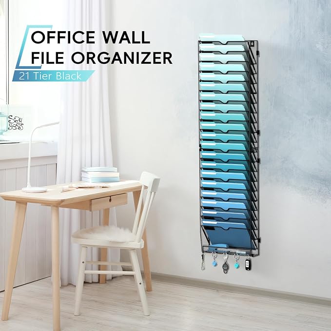 21-Tier Wall File Organizer and Mail Organizer with 5 Hooks, Black | Label slots, curved openings, 5 key hooks, and a bottom tray support organized mail, file, and everyday item storage.
