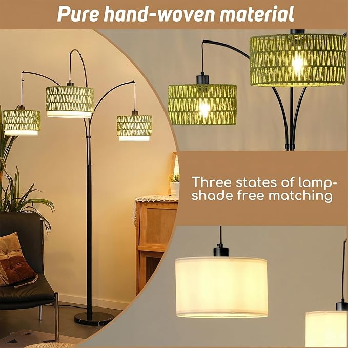 80'' Rattan Arc Floor Lamp for Living Room, 3-Light Boho Tree Tall Lamp | Heavy Natural Marble Base, 1/2/3-Light Rotary Switch,Double-layer Green Wicker/Fabric Shades for Coastal style,8 ft+ Ceilings