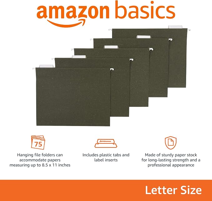 Amazon Basics Hanging File Folders for Documents, Letter Size, 1/5-Cut Adjustable Tabs, Standard Green, 75 Count per Box