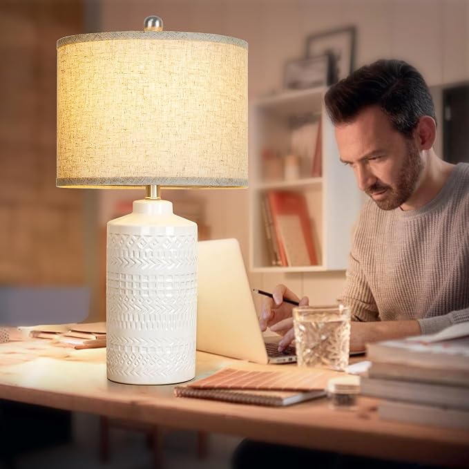 JUNNAI White Ceramic Table Lamp with Beige Shade: 3-Way Dimmable Night Stand Light Lamp 24.5" Modern Table Lamps for Living Room Bedroom End Table Office Entryway Lamps (Bulb Included