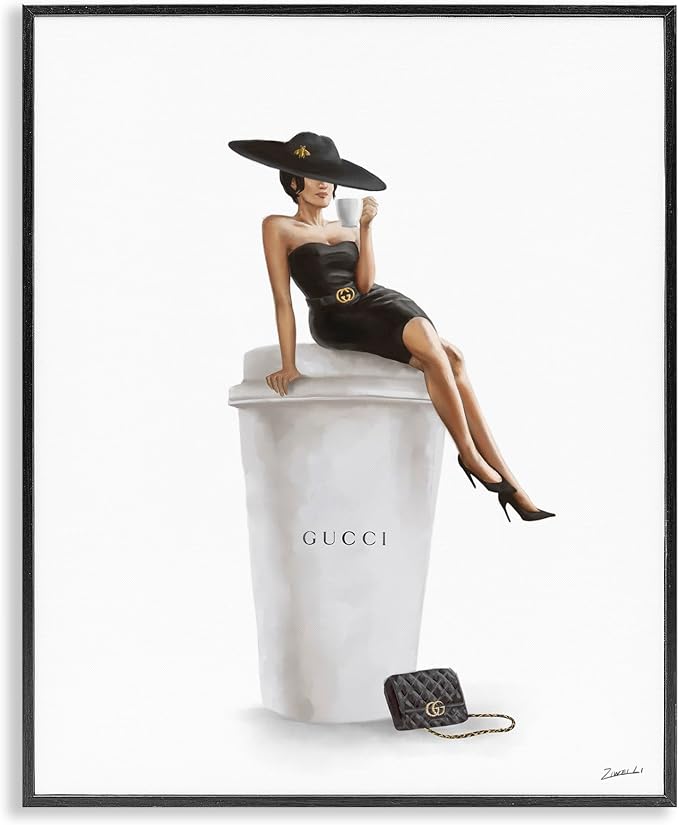 'Fashion Female Pose on Coffee'| Framed Giclee Art | Stupell Industries | Black, 11 x 14 Inches, Easy to Hang and Sturdy, Made in USA, by Ziwei Li