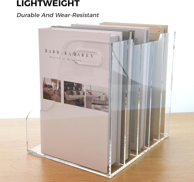 5 Vertical Compartments File Holder, Clear Acrylic Desk Organizer and Storage Bins Holding for Magazines, Binders, Notebooks, Envelopes, Multi-purpose Document Organizer for Home Office