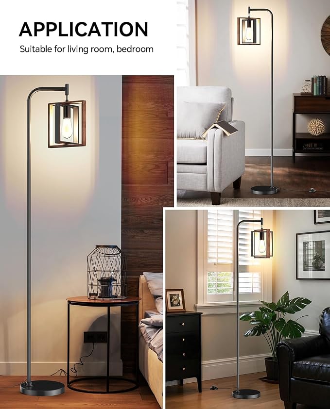 67" Industrial Floor Lamp with Wood & Black Metal Shade, Modern Standing Lamp, Rustic Farmhouse Tall Lamp for Living Room Bedroom Office, 2700K Bulb & Foot Switch Included (Black+ Wood -FL-2508)