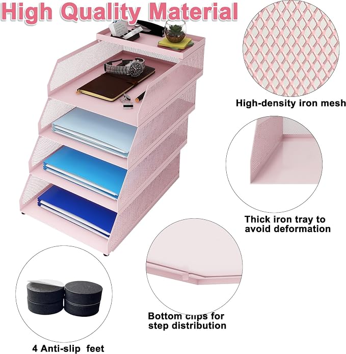 Natwind 4-Tier Stackable Metal Mesh Desk Paper Tray Organizer,Pink | Desktop Accessories for Office Supplies, Letter Tray For Paper Storage ,File Document Holder For Home School Classroom
