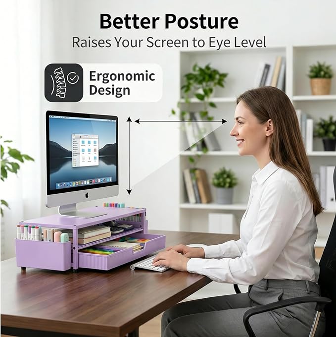 ECOLOVI Desk Organizer and Accessories, 2-Tier Computer Monitor Stand Rise with Storage Drawer & 2 Pen Holders, Laptop & Printer Stand for Desktop, Workspace Organizers for Office Supplies (Purple)
