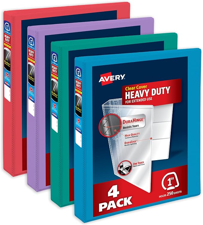 Avery Heavy-Duty View 3 Ring Binders, 1" Ring, 4 Asst Bright Binders | For School, Home and Office Organization, Tear-Resistant Deep-Weave Cover, Lay-Flat Pages, Nonstick PVC-Free Pockets