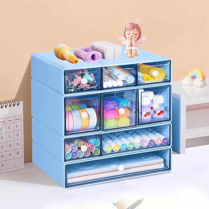 Desk Storage Organizer with 9 Drawers, 4 Tiers Stackable Desktop Craft Storage Drawers, Clear Storage Box Caddy for Stationary Makeup Jewelry Office Craft Supplies (Blue)