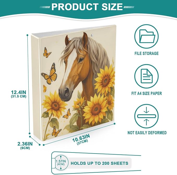 Horse Round Ring Binders 1.5 Inch Butterfly Sunflower 3 Ring Clipboard Binder for Office School Work Supplies File Folder Document 200 Sheet Capacity Easy Open 2 Pieces