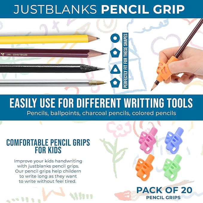 JustBlanks 20 Pcs Pencil Grips for Kids Handwriting - Pencil Holders for Kids, Pencil Grippers Writing Tool, Writing Posture Correction Tools for Toddlers, Preschoolers Special Needs for Classroom