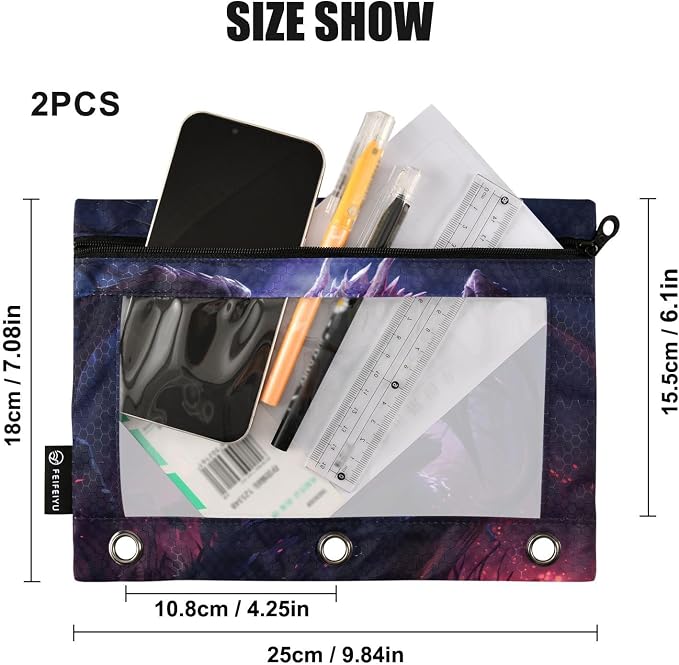 Dragon Purple Pencil Pouch for 3 Ring Binder, 2 Pack Waterproof Pencil Bags Clear Window Zipper School Office Supplies
