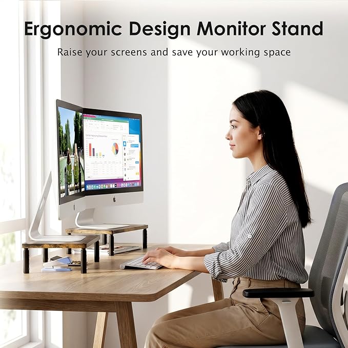 ECOLOVI Adjustable Wood Computer Monitor Stand Riser, Office Desk Organizer and Accessories for Monitor, Laptop, PC, Printer, Office Desk Accessories Workspace Organizer for Home Office Supplies, Brown 2-Pack